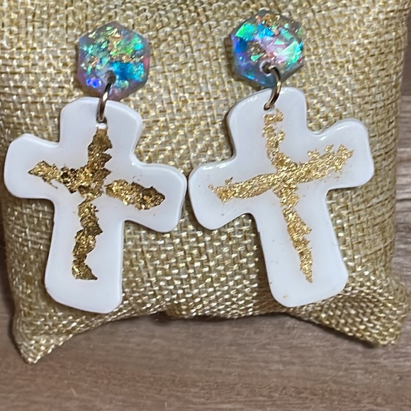 ✝️💕 Florence White Gold Multicolor Cross Earrings Easter Gift - Picture 1 of 4